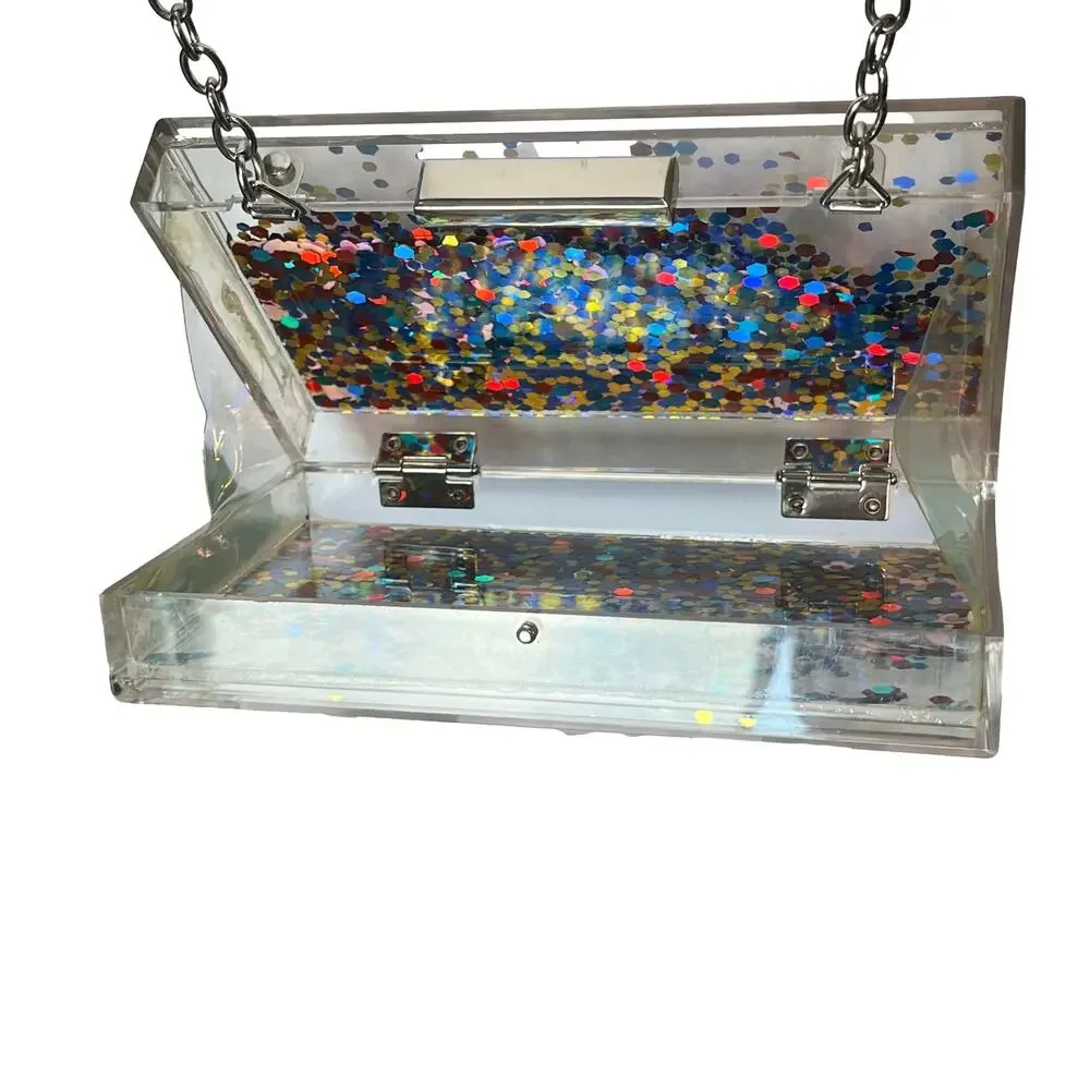 Acrylic Confetti Glitter Hard Clutch Purse Handbag chain strap clear rainbow y2k - Picture 7 of 14